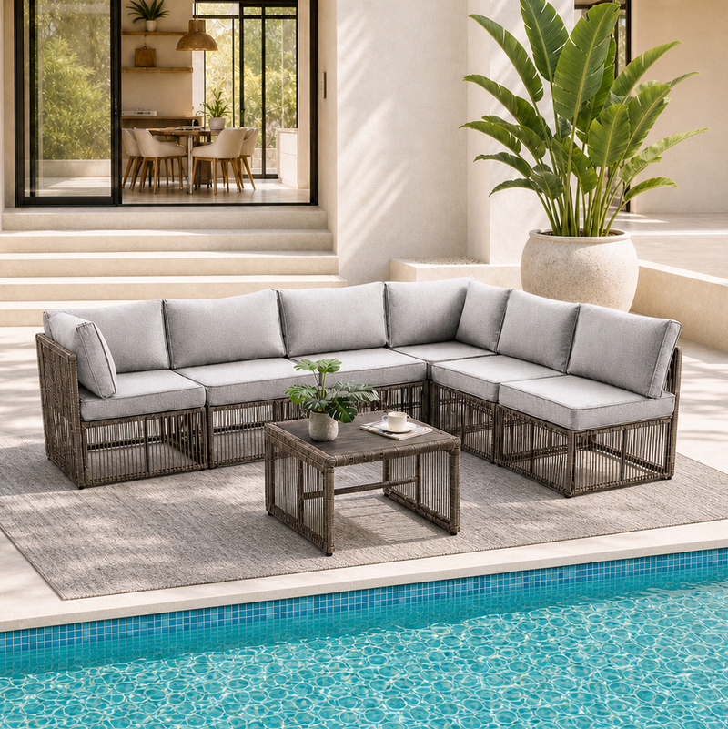 7 Piece Outdoor Patio Furniture Set-Grey.Wicker Sectional Sofa,Thick Cushions, All Weather Rattan Conversation Sets with Arm Chairs and Coffee Table for Backyard, Porch, Balcony, Deck, Garden
