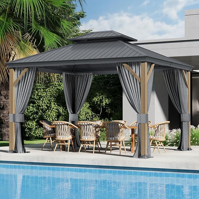 10x12 Ft Hardtop Gazebo, Heavy Duty Aluminum Metal Frame Permanent Pavilion, Outdoor Double Roof Canopy, Curtain and Netting Included, Pergola for Patio, Garden, Backyard, Lawn