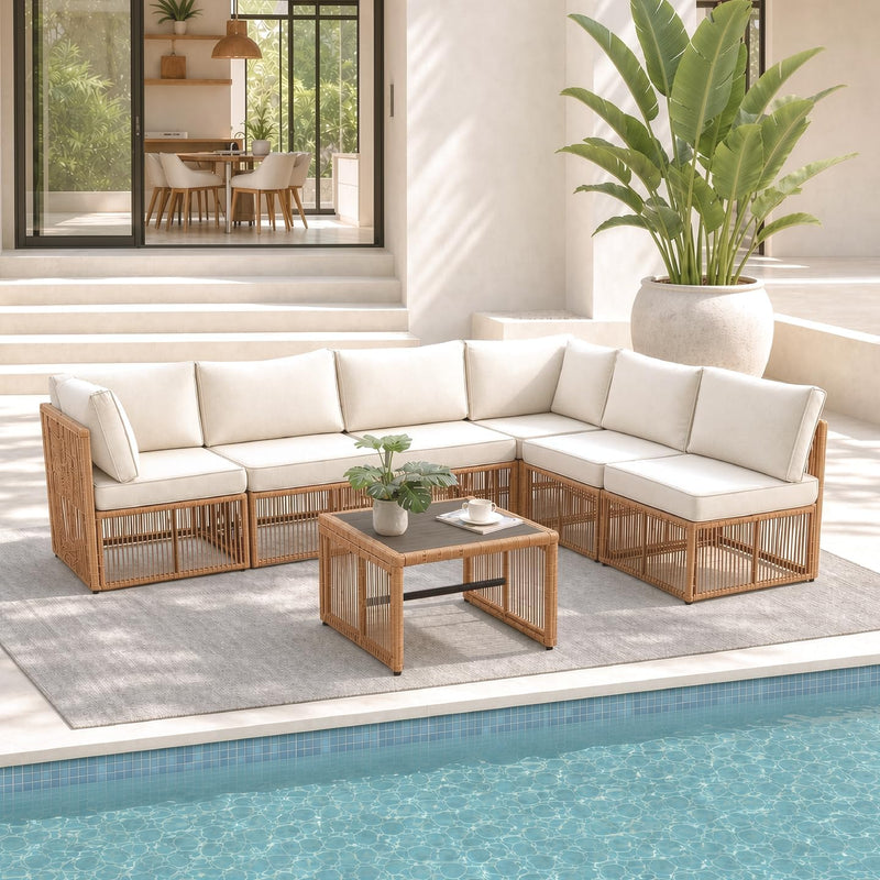 7 Piece Outdoor Patio Furniture Set-Beige, Wicker Sectional Sofa,Thick Cushions, All Weather Rattan Conversation Sets with Arm Chairs and Coffee Table for Backyard, Porch, Balcony, Deck, Garden